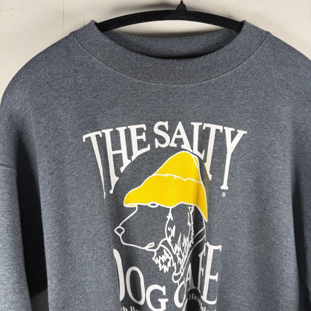 THE SALTY DOG CAFE VNG FADED Blue CREW NECK SWEATSHIRT Dog Yellow Hat Hanes